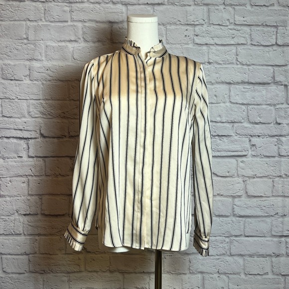 Ann Taylor Petite XSP Blouse Ivory Black Stripe Long Sleeve Button Top - Picture 1 of 7